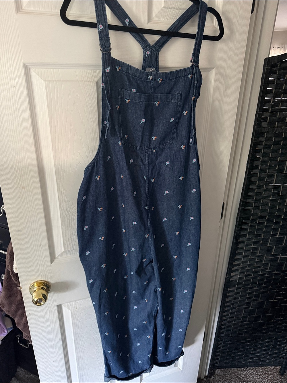 aerie Dark Blue Denim Floral Embroidered Overalls Jumpsuit